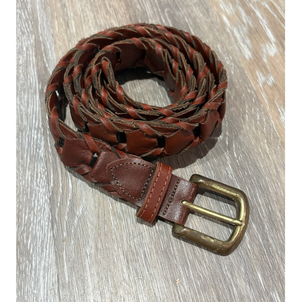 Braided Leather Belt Cognac Brown Woven Boho Western Size 50 Brass Buckle
